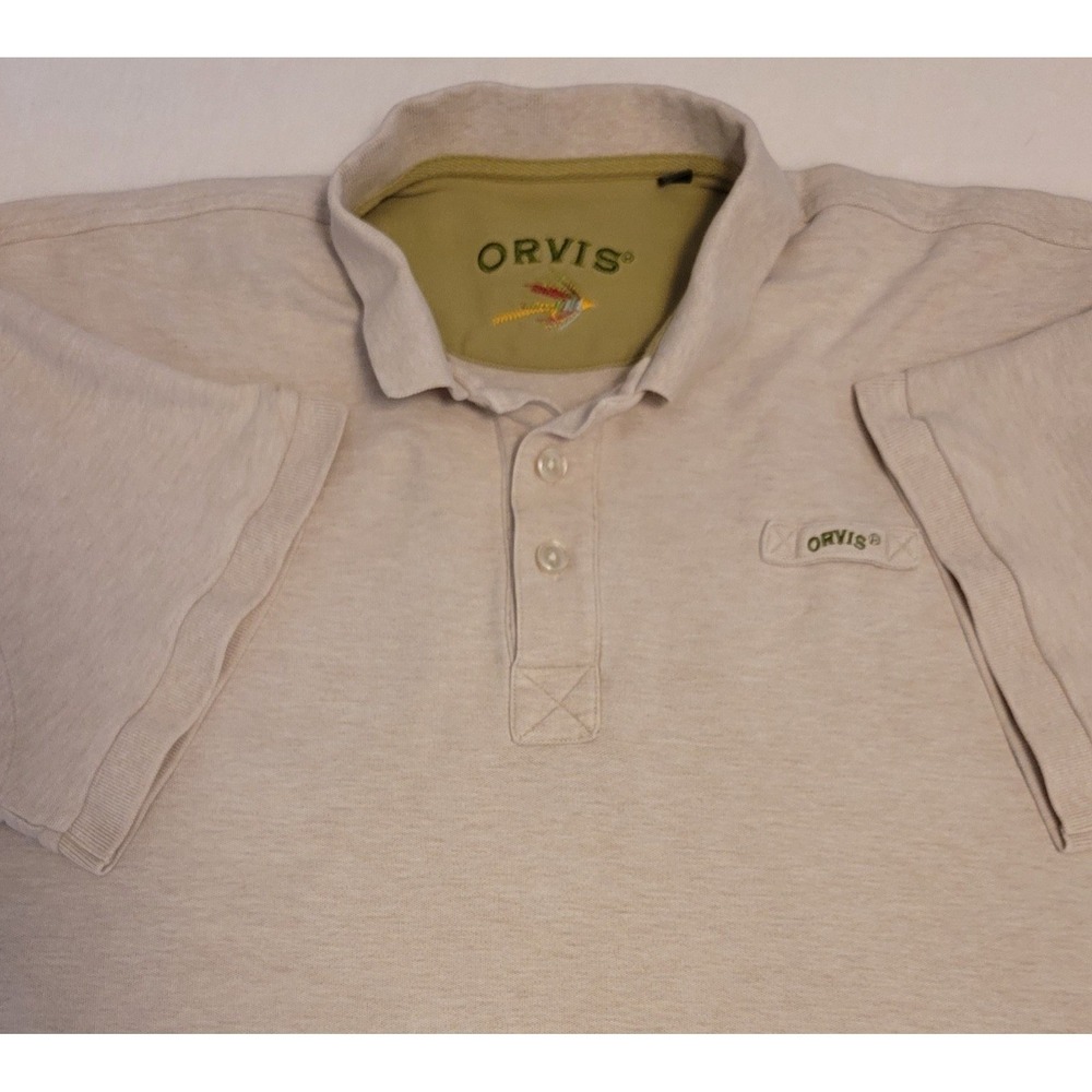 Orvis Polo Shirt Mens XL Tan Short Sleeve Cotton Pique Fly Fishing Logo‎ Casual